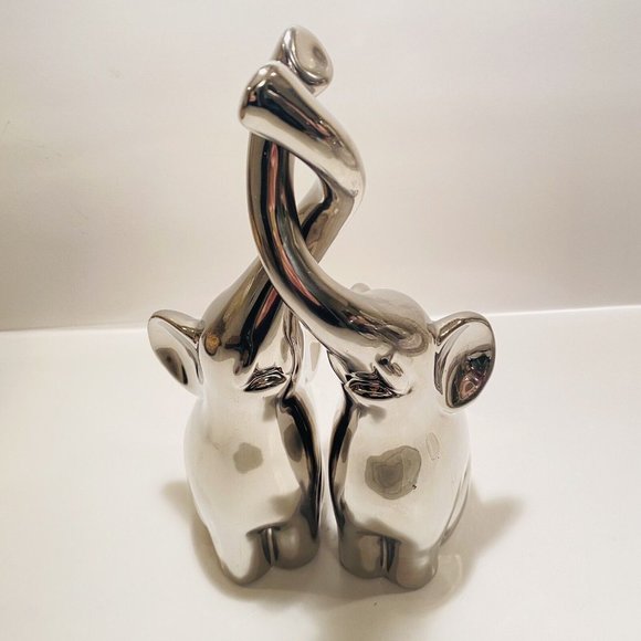 Silver Elephant Figures with Intertwined Trunks, Ceramic Set of 2, Chrome Decor - Picture 9 of 16